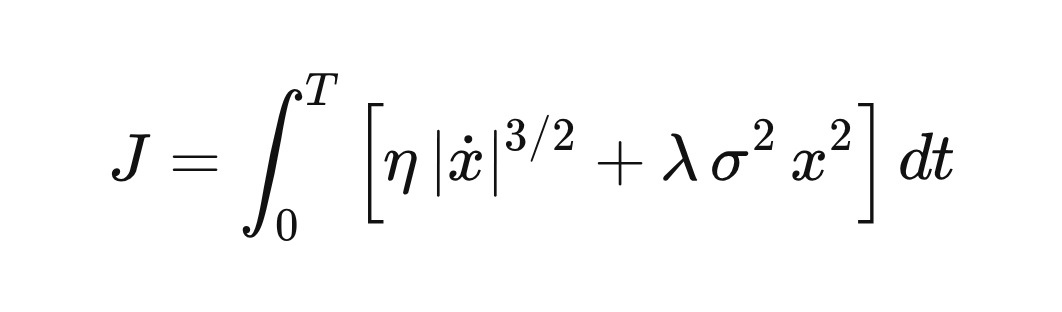 J = \int_0^T \left[\eta\,|\dot{x}|^{3/2} + \lambda\,\sigma^2\,x^2\right] dt