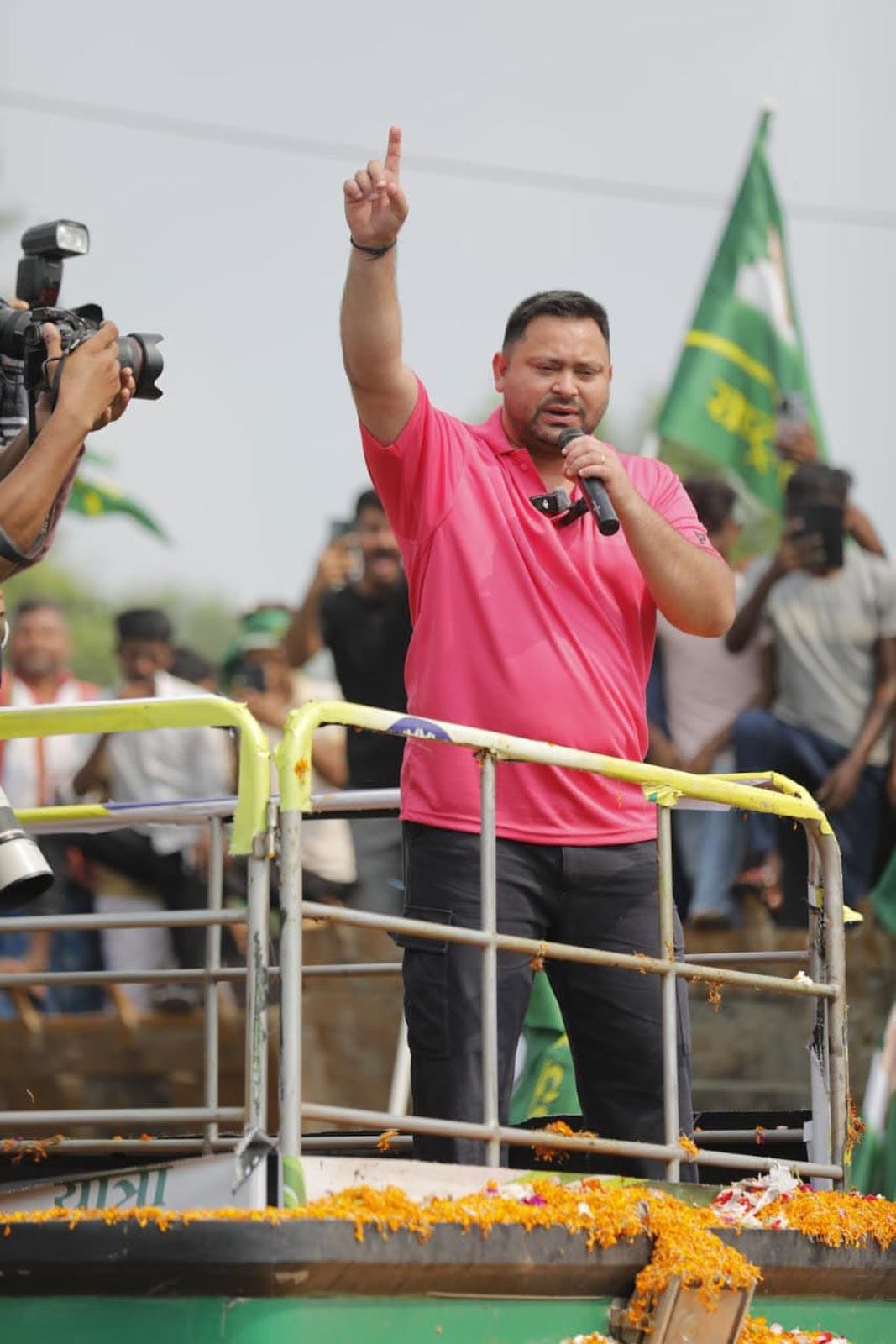 Tejashwi Yadav at the Bihar Adhikar Yatra in Samastipur district on Saturday. Tejashwi Yadav at the Bihar Adhikar Yatra in Samastipur district on Saturday.