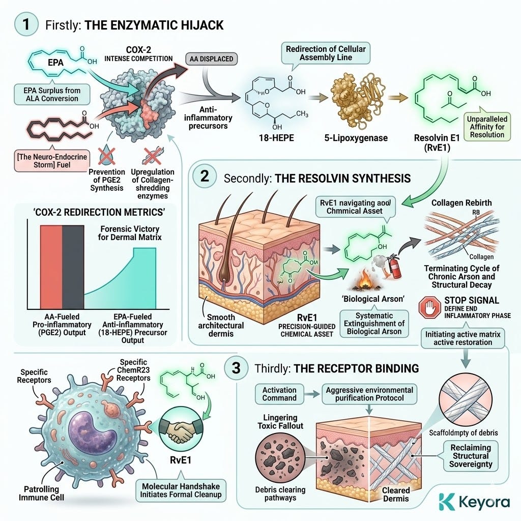 EPA competes for COX-2 to displace Arachidonic Acid, hijacking the Neuro-Endocrine Storm to fuel ATP Synthesis and Resolvin E1 production. EPA competes for COX-2 to displace Arachidonic Acid, hijacking the Neuro-Endocrine Storm to fuel ATP Synthesis and Resolvin E1 production.