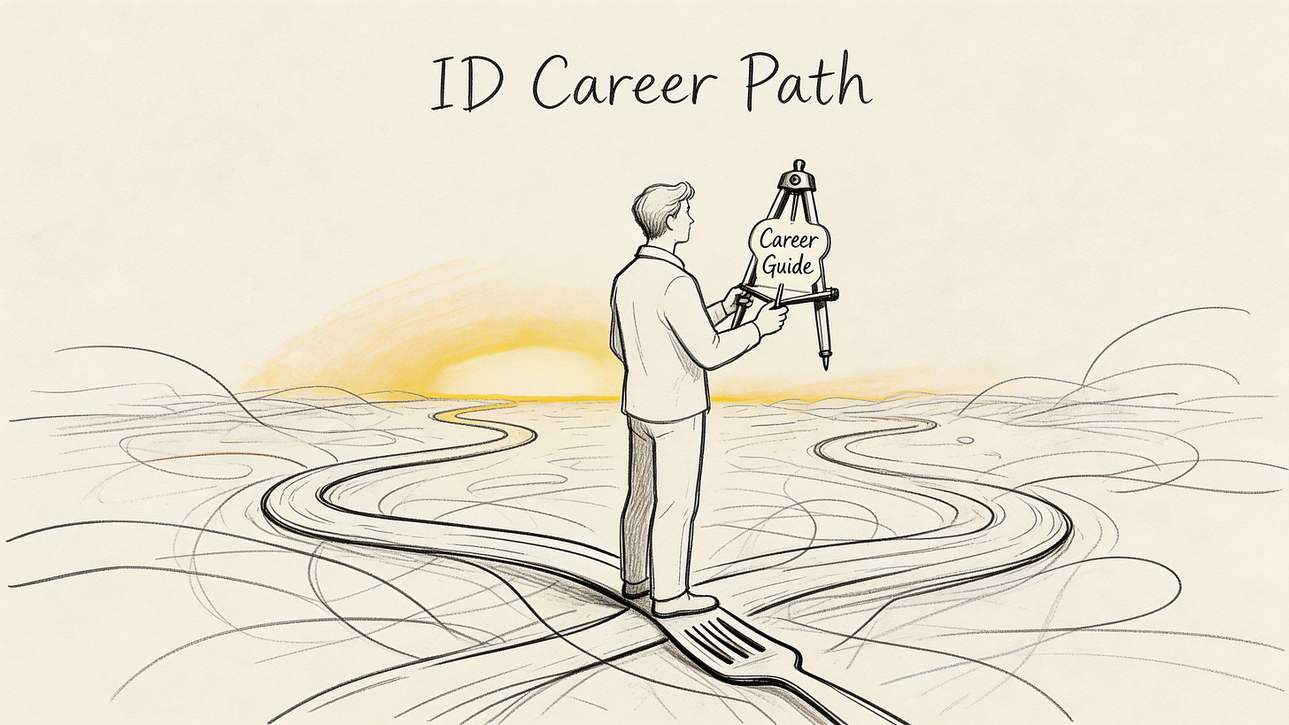 A professional man stands on a fork in the road holding a drafting compass as a career guide.