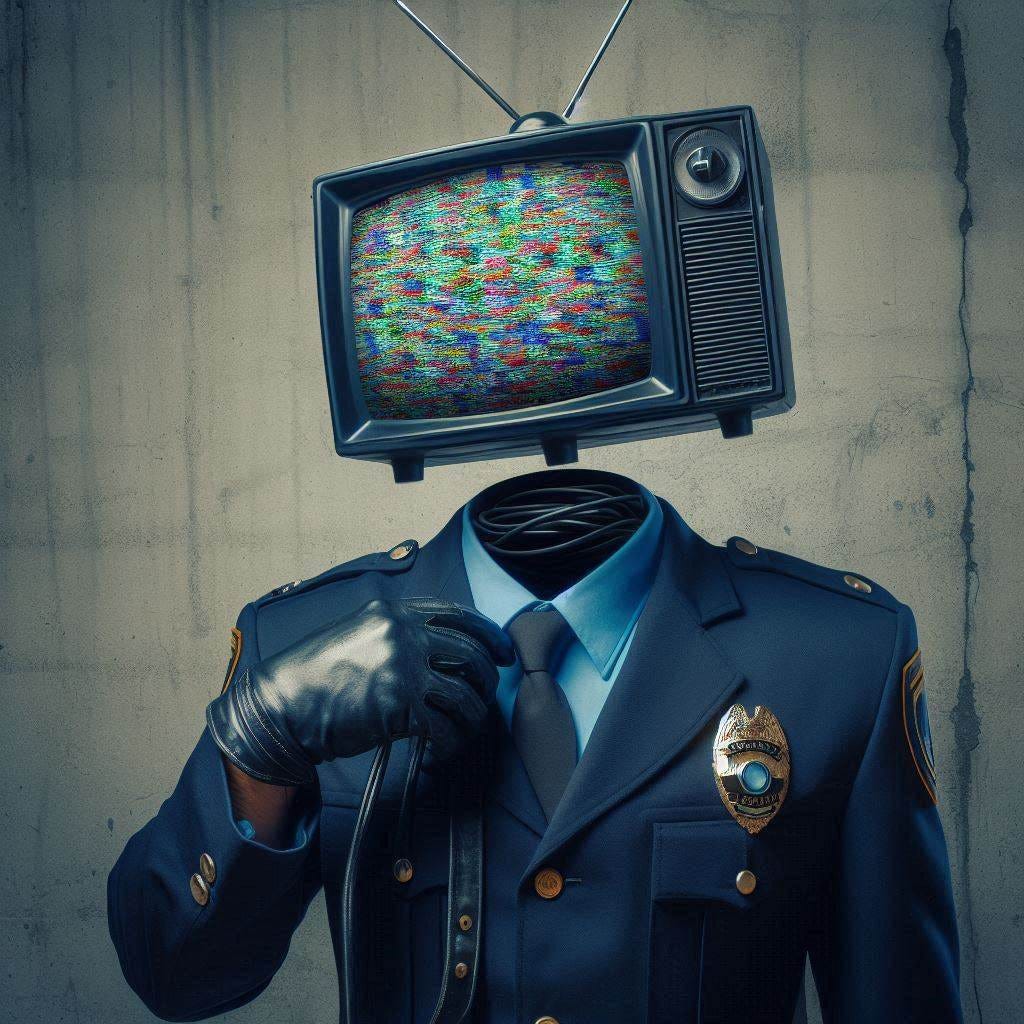 thought crime police officer with completely empty head and tv static for eyes
