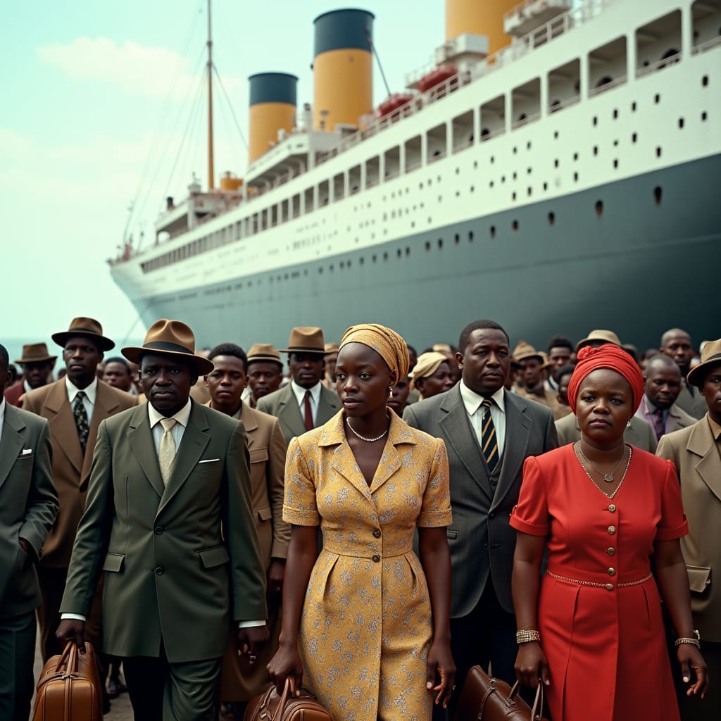 Historical HMT Empire Windrush ship arriving in Britain, 1940s, warm sunlight casting long shadows, clear blue skies, calm waters, reflecting the optimism of the era. Black Jamaican passengers, dressed in authentic attire, bustling on deck: men in suits, fedoras, and trilbies, some holding vintage suitcases, others wearing casual work clothing; women in modest, knee-length dresses, headscarves, and pearl necklaces, exuding hope, curiosity, and pride. The ship's massive structure towers behind, 'Windrush' emblazoned on its side in bold, Art Deco lettering. Inspired by the cinematography of Roger Deakins, influenced by the vibrant colors of Gordon Parks, and the poignant realism of Malick Sidibé, with a touch of classical Hollywood grandeur.