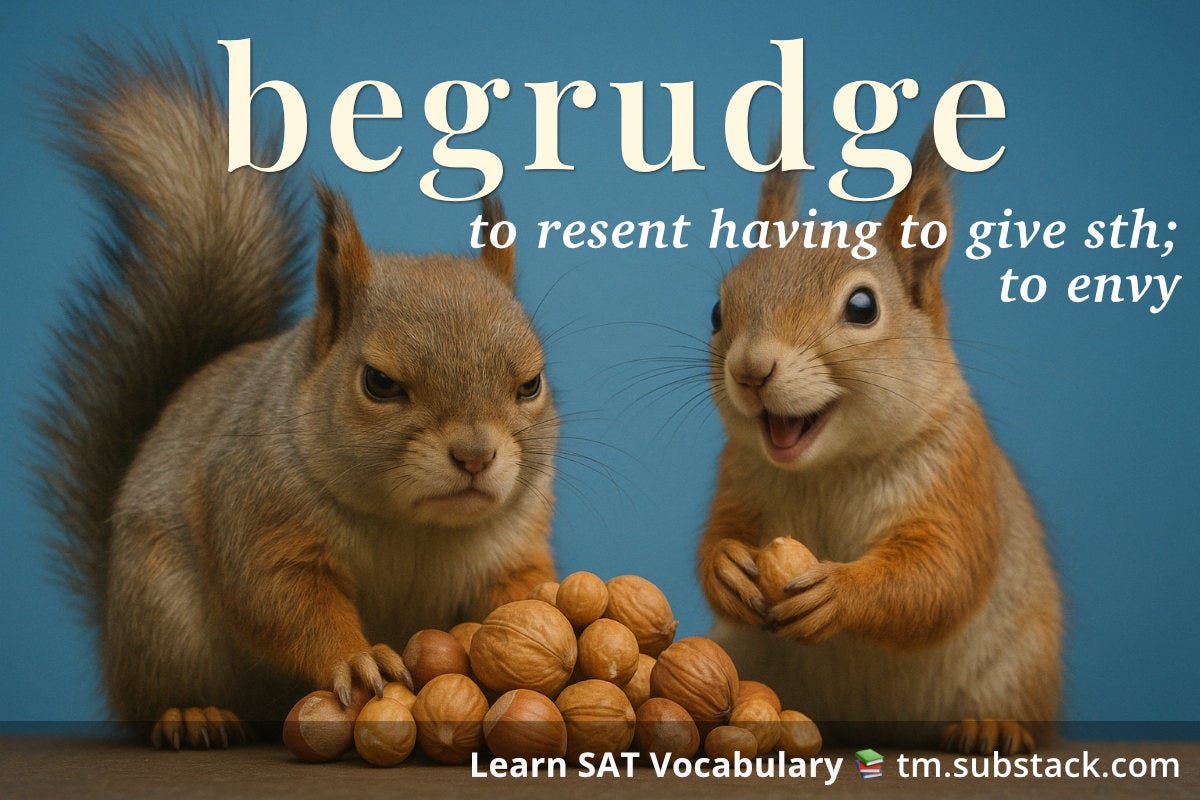 Illustration of a grumpy squirrel reluctantly sharing nuts with another squirrel; used to illustrate the SAT word 'begrudge'.