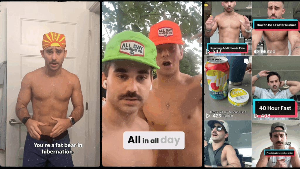 Screenshot showing multiple TikTok videos by Jake Cohen featuring shirtless fitness content with captions including "You're a fat bear in hibernation," "All in all day," "How to Be a Faster Runner," "Running Addiction is Fine," and "40 Hour Fast." The videos show Cohen and others in various fitness scenarios, demonstrating the extreme wellness content typical of his feed.