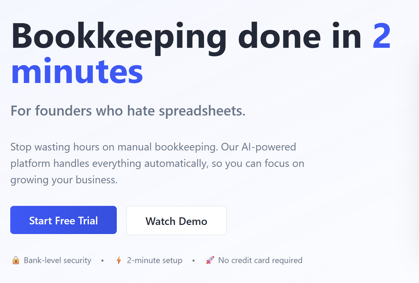 Startup landing page hero example with outcome-driven headline “Bookkeeping done in 2 minutes” and clear call-to-action buttons.