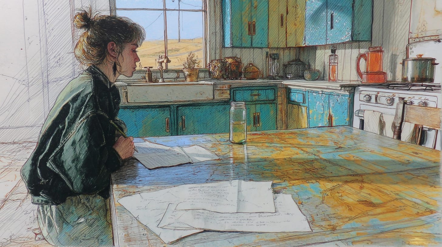 farmhouse kitchen at sunrise, rustic table, woman writing a letter with natural light pouring in, peaceful rural vibe --ar 91:51 --sref 465971702 --profile xjh8d26 --sv 4 --v 7 farmhouse kitchen at sunrise, rustic table, woman writing a letter with natural light pouring in, peaceful rural vibe --ar 91:51 --sref 465971702 --profile xjh8d26 --sv 4 --v 7