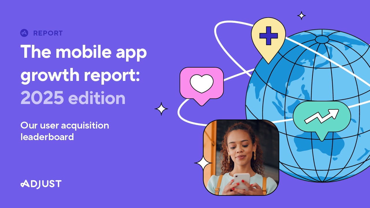 Graphic from Adjust’s Mobile App Growth Report 2025 showing a globe, app icons, and a woman using her phone — highlighting Asia Pacific’s global lead in mobile app installs and user retention.