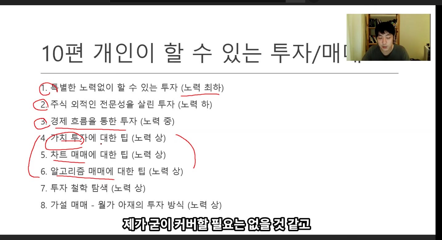 10편 개인이 할 수 있는 투자/매[
별한 노력없이 할 수 있는 투자 (노력 최하)
@주식 외적인 전문성을 살린 투자 (노력 하)
e,경제 흐름을 통한 투자 (노력 중)
IT 卜에 대한 팁 (노력 상)
4
5. 사트 매매에 대한 팁 (노력 상)
6. 알고리즘 매매에 대한 팁 (노력 상)
7. 투자 철학 탐색 (노력 상)
8. 가설 매매 - 월가 아재의 투자 방식 (노력 상)
ÜO붐에=聳囮꼥亟 10편 개인이 할 수 있는 투자/매[
별한 노력없이 할 수 있는 투자 (노력 최하)
@주식 외적인 전문성을 살린 투자 (노력 하)
e,경제 흐름을 통한 투자 (노력 중)
IT 卜에 대한 팁 (노력 상)
4
5. 사트 매매에 대한 팁 (노력 상)
6. 알고리즘 매매에 대한 팁 (노력 상)
7. 투자 철학 탐색 (노력 상)
8. 가설 매매 - 월가 아재의 투자 방식 (노력 상)
ÜO붐에=聳囮꼥亟