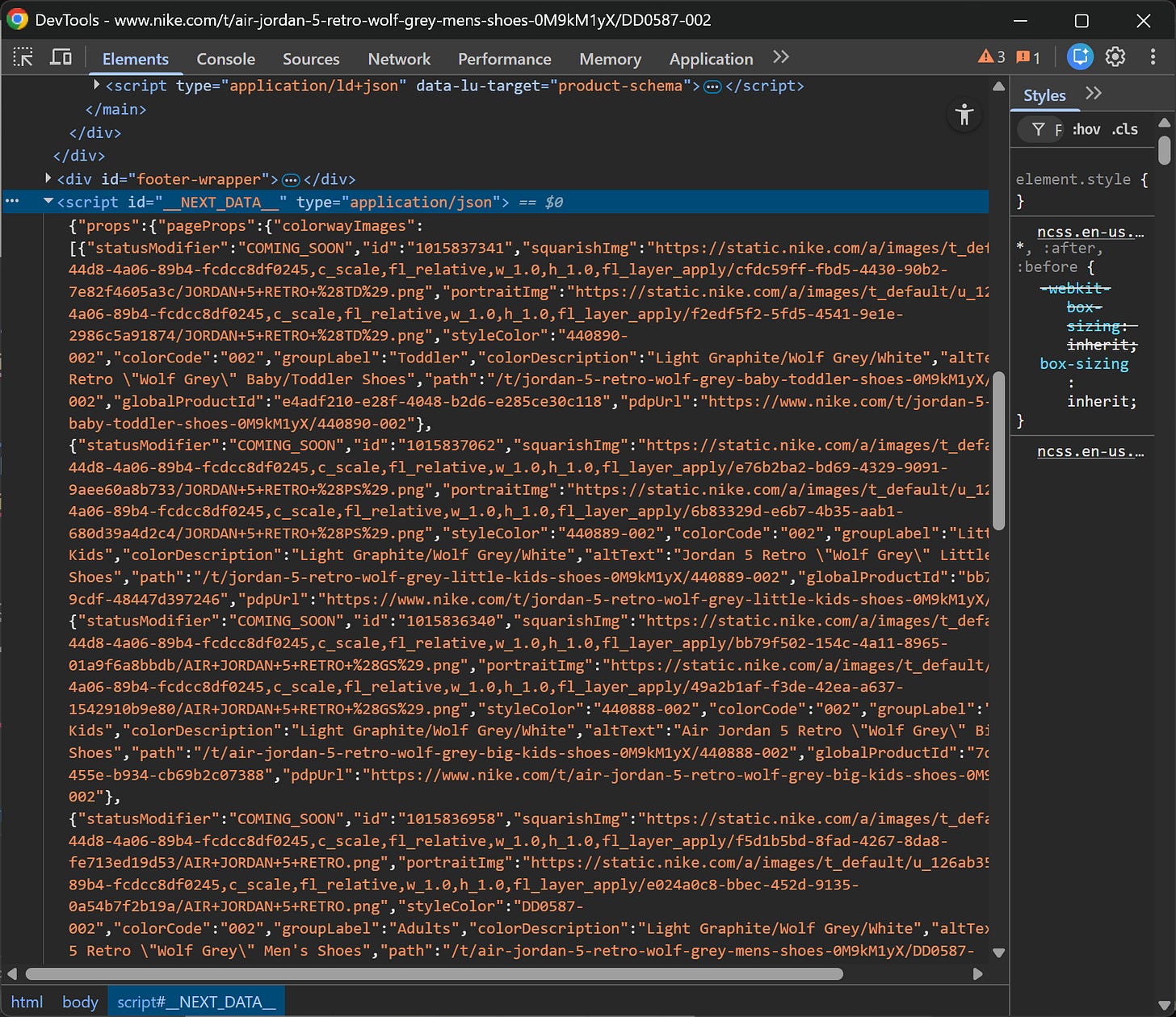 Note the JSON data inside the #__NEXT_DATA__ element