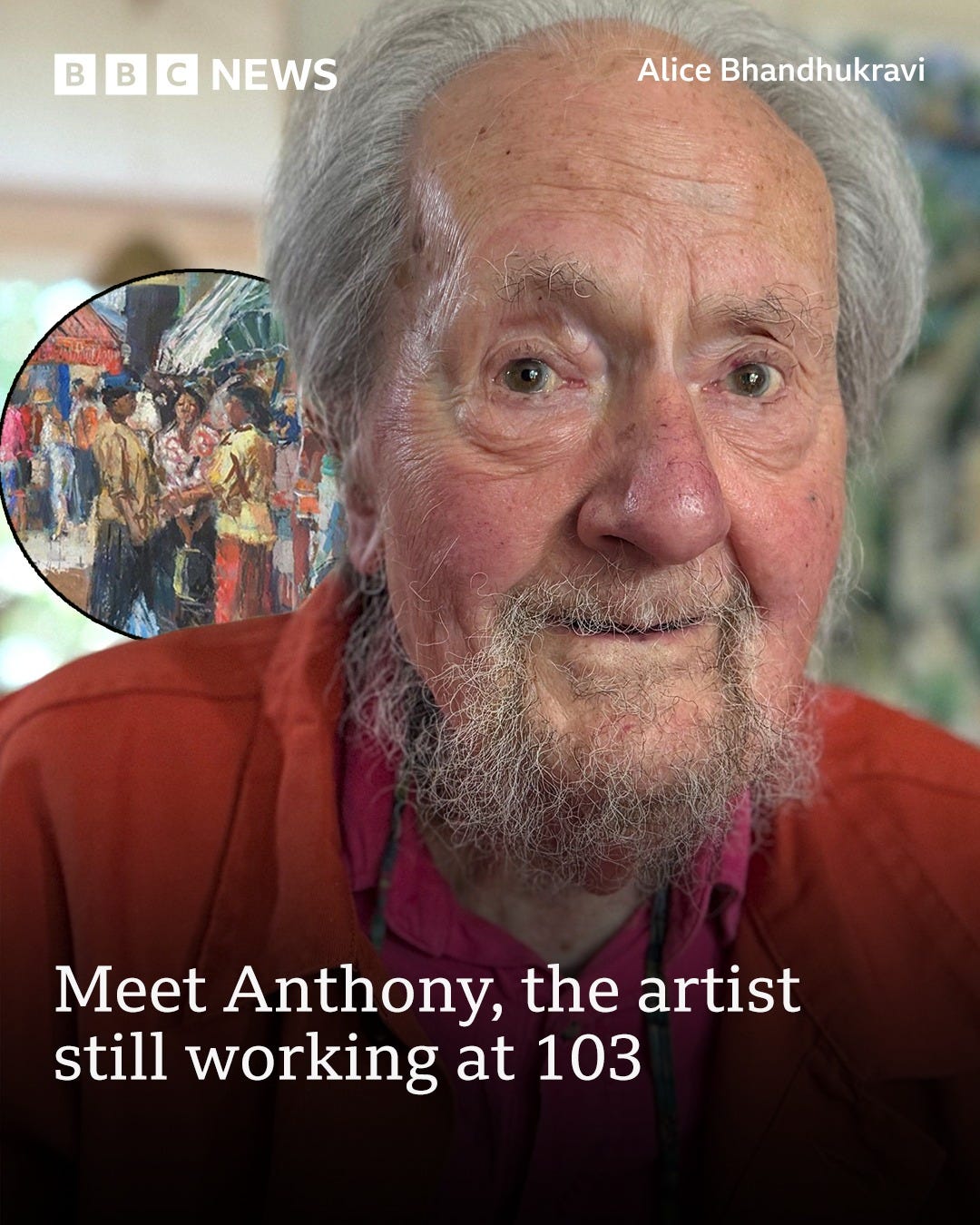 May be art of text that says "B B B c NEWS AliceBhandhukravi Alice Bhandhukravi Meet Anthony, the artist still working at 103" May be art of text that says "B B B c NEWS AliceBhandhukravi Alice Bhandhukravi Meet Anthony, the artist still working at 103"