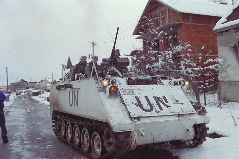 >Canadian armoured personnel carrier on the move during peacekeeping efforts in the Balkans in 1993. >Canadian armoured personnel carrier on the move during peacekeeping efforts in the Balkans in 1993.
