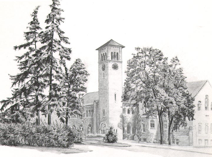 A drawing of an old university building surrounding by carefully drawn trees.