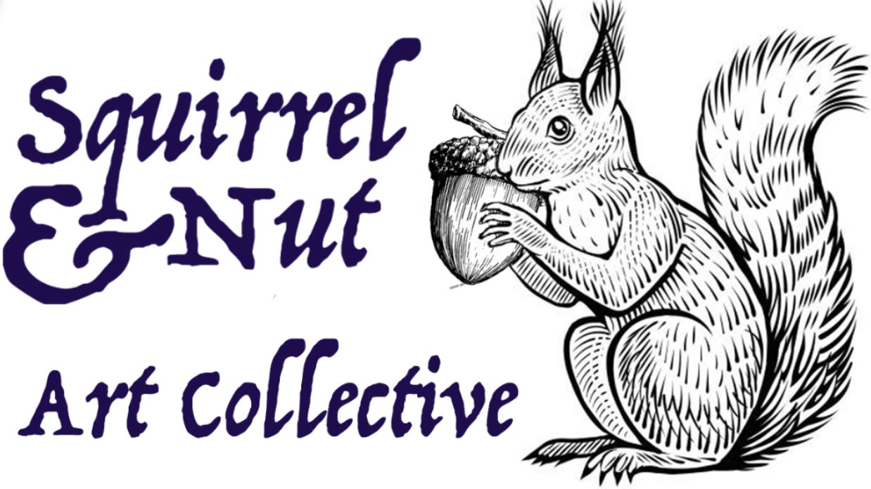 Squirrel & Nut Arts Collective Logo with a ink drawing of a squirrel holding a nut.