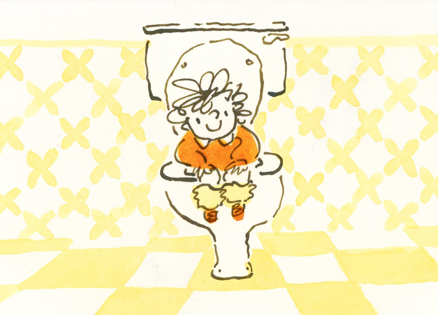 Ink illustration of a child on a toilet by illustrator Nanette Regan