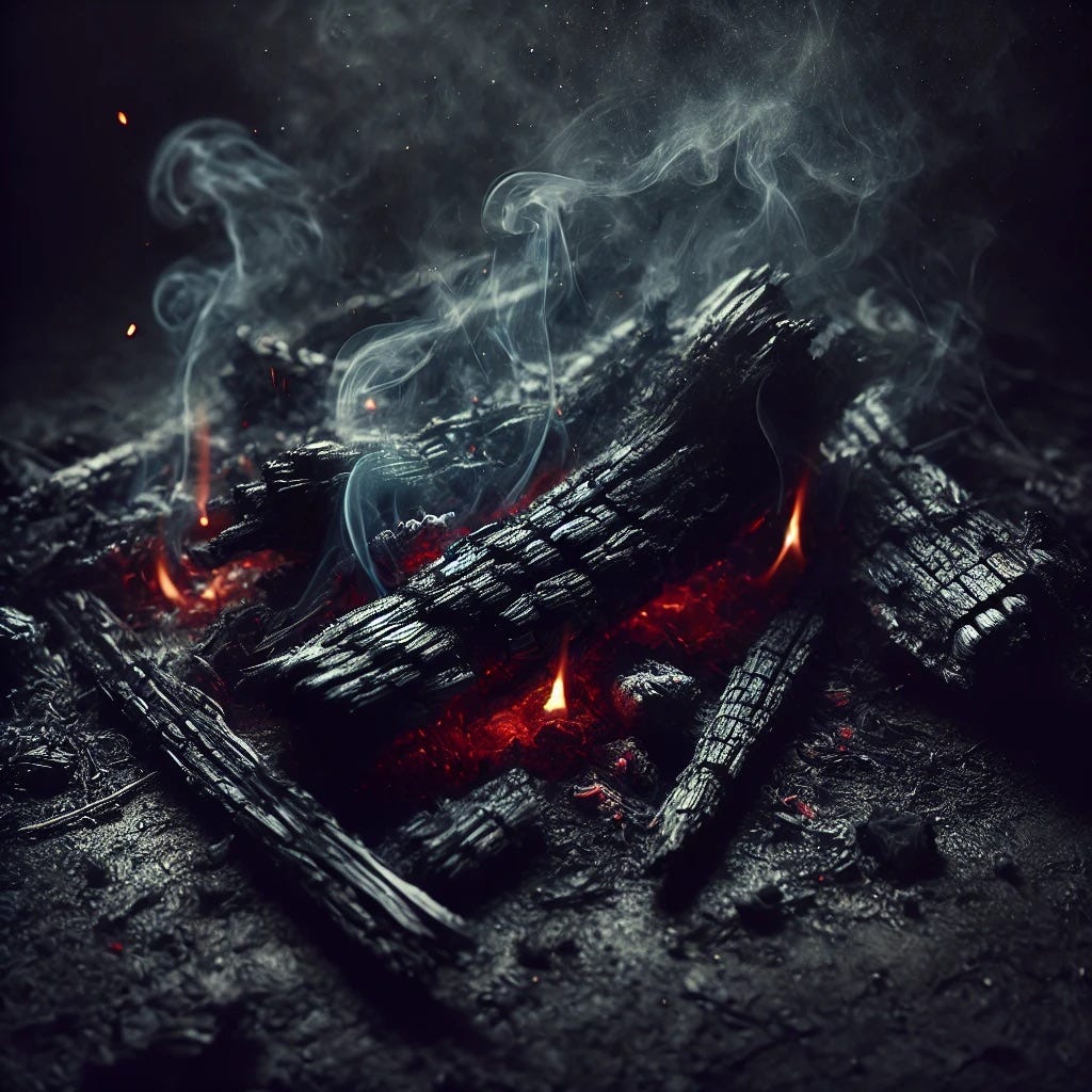 Smoldering fire with charred logs, smoke, and ash.