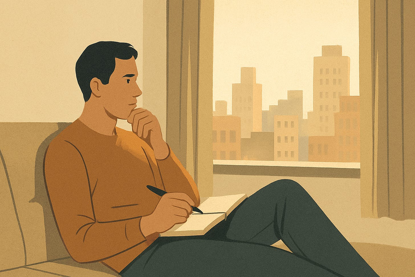 Man sitting on a sofa with a note book writing and thinking