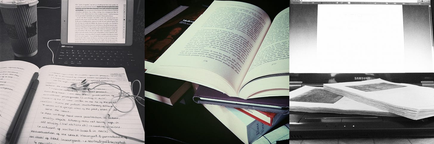 A montage of three photos: first with a notebook with handwritten notes and an ipad with a text; the second with a pile of books, the topmost one open; the third a laptop computer with a pile of printed papers with reproductions of art pieces. A montage of three photos: first with a notebook with handwritten notes and an ipad with a text; the second with a pile of books, the topmost one open; the third a laptop computer with a pile of printed papers with reproductions of art pieces.