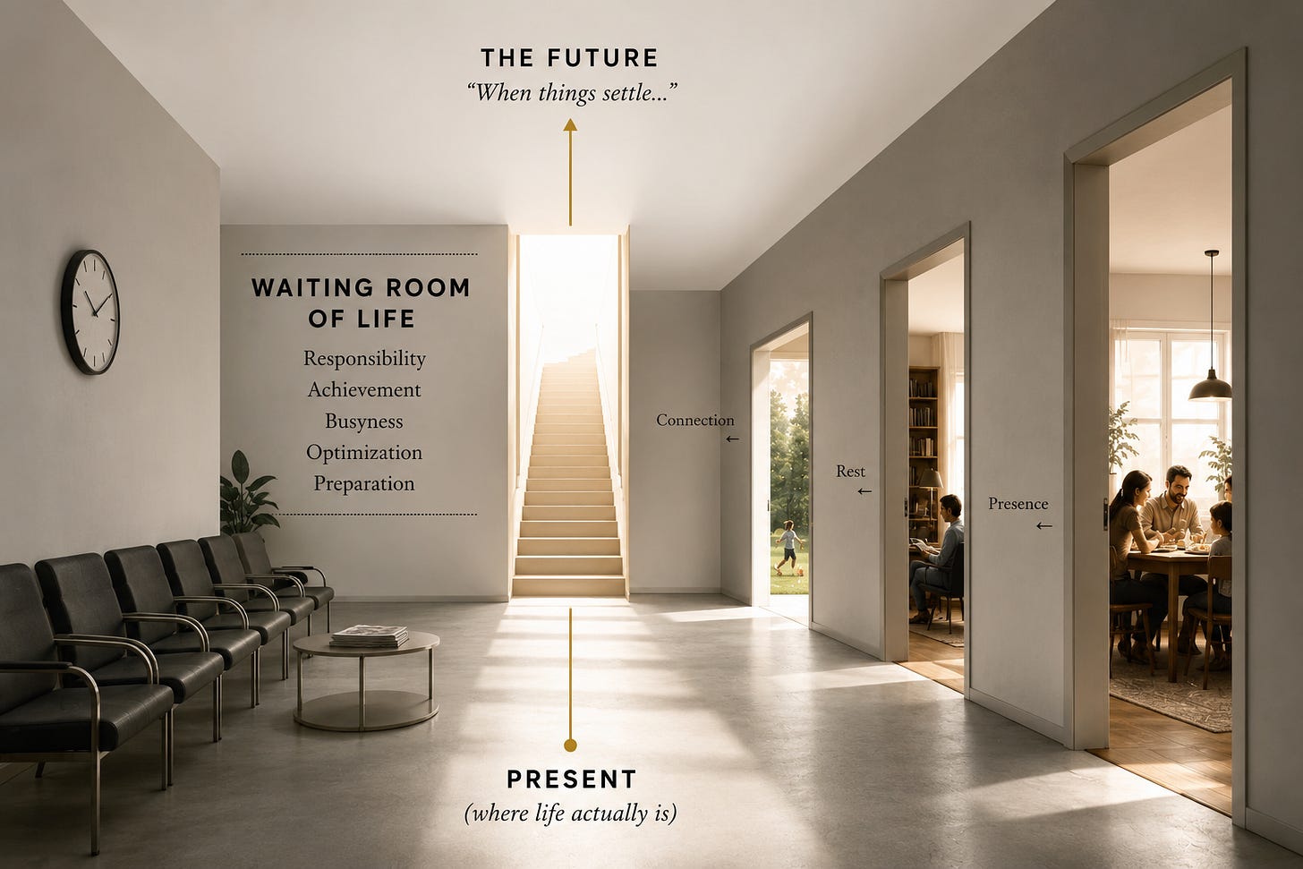 A conceptual editorial illustration of a minimalist waiting room with empty chairs and a clock. A bright staircase labeled “The Future” rises from the center, while open doorways reveal scenes of everyday life—family connection, quiet rest, and presence—symbolizing the choice between endlessly preparing for life and fully inhabiting the present moment. A conceptual editorial illustration of a minimalist waiting room with empty chairs and a clock. A bright staircase labeled “The Future” rises from the center, while open doorways reveal scenes of everyday life—family connection, quiet rest, and presence—symbolizing the choice between endlessly preparing for life and fully inhabiting the present moment.