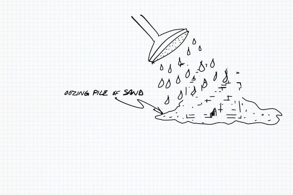 A hand-drawn illustration of a watering can being poured onto an oozing puddle of sand A hand-drawn illustration of a watering can being poured onto an oozing puddle of sand