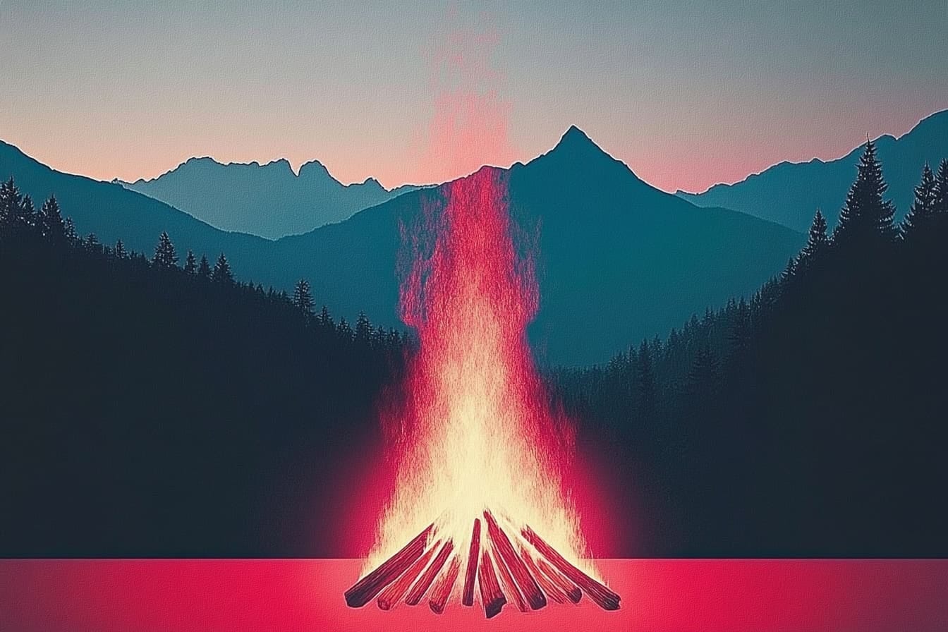 illustration of a bonfire with the silhouette of woods and mountains in the background
