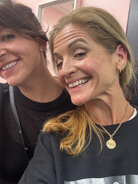 Photos of Meg and Glennon with new ear piercings, photo of Abby with her arms around Meg and Glennon, photo of Meg and Glennon about to hug in the ocean