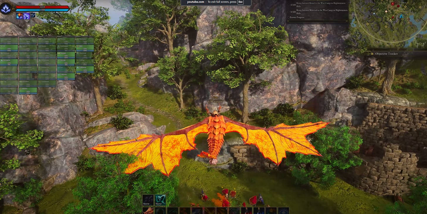 Mayor Steven Sharif flying on their Mayoral Mount, large orange dragon, over Miraleth Node