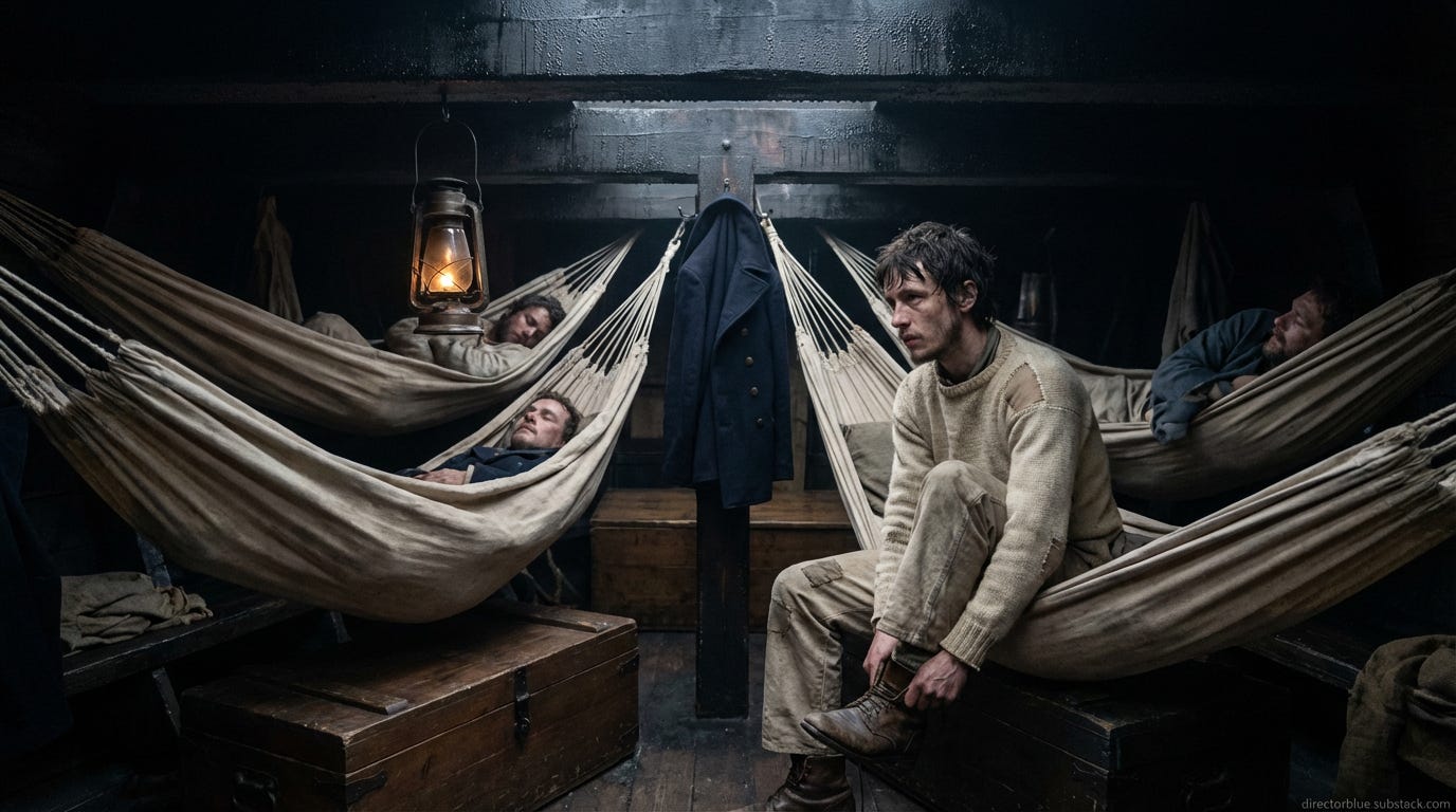 Photorealistic 169 cinematic photograph interior of a cramped 1870s brigantine forecastle at grey dawn low timber ceiling blackened by years of oil lamp soot six canvas hammocks strung close together wooden sea chests beneath a young man of _image_1