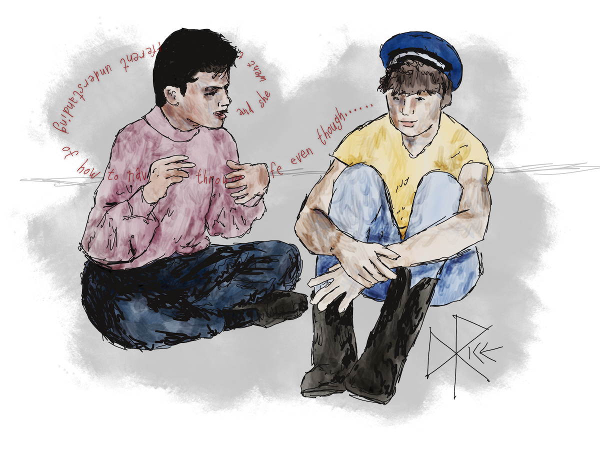 Two men seated on the floor, as one narrates a tale of hardship and eventual success. Sketch art by Don Rice. Two men seated on the floor, as one narrates a tale of hardship and eventual success. Sketch art by Don Rice.