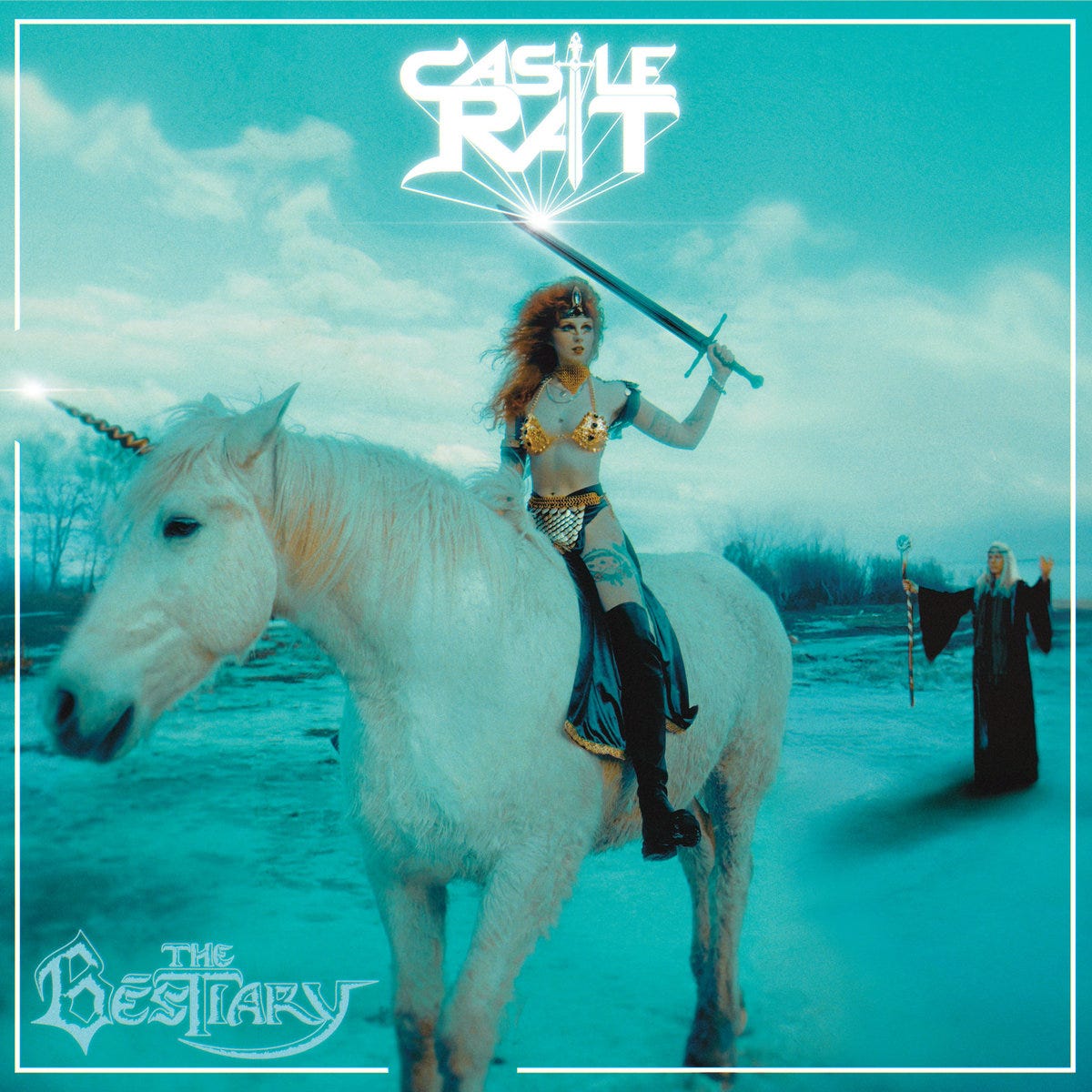 Album cover for Castle Rat's The Bestiary featuring a bikini chainmail wearing, sword-wielding rat queen riding a white unicorn