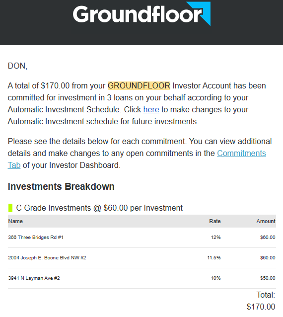 Groundfloorl 
DON, 
A total of $170.00 from your GROUNDFLOOR Investor Account has been 
committed for investment in 3 loans on your behalf according to your 
Automatic Investment Schedule. Click here to make changes to your 
Automatic Investment schedule for future investments. 
Please see the details below for each commitment You can view additional 
details and make changes to any open commitments in the Commitments 
Tab of your Investor Dashboard. 
Investments Breakdown 
C Grade Investments @ S6000 per Investment 
Name 
Thræ Erd%s Rd 
2004 E. Blvd 
3041 N 
11.5* 
Amount 
Total: 
$170.00 