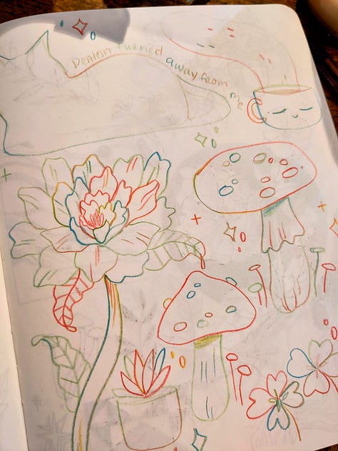 Sketchbook page feature flowers in blank ink. Two sketchbook pages done in rainbow pencil.