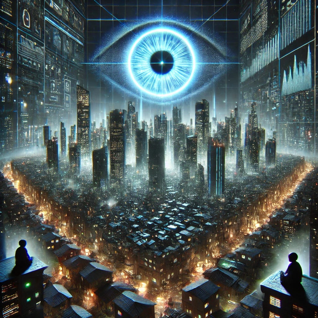 A symbolic representation of a dystopian future where technology and wealth dominate society. The scene features towering skyscrapers glowing with holographic technology, surrounded by dark, crowded lower levels representing the marginalized masses. A massive digital eye oversees the city, symbolizing surveillance and control. The skyline shows a stark divide between the wealthy elites living in futuristic luxury and the underprivileged living in shadows. The atmosphere is both awe-inspiring and oppressive, with neon lights and a deep contrast between light and dark areas. A symbolic representation of a dystopian future where technology and wealth dominate society. The scene features towering skyscrapers glowing with holographic technology, surrounded by dark, crowded lower levels representing the marginalized masses. A massive digital eye oversees the city, symbolizing surveillance and control. The skyline shows a stark divide between the wealthy elites living in futuristic luxury and the underprivileged living in shadows. The atmosphere is both awe-inspiring and oppressive, with neon lights and a deep contrast between light and dark areas.