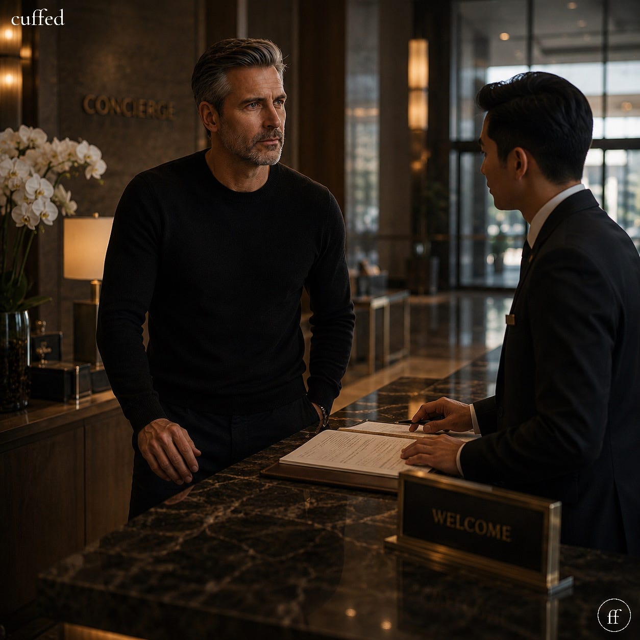man in black sweater checking into upscale hotel concierge desk, marble counter, orchids, warm ambient lighting, cuffed wordmark top-left, fused ff logo bottom-right, masculine editorial mood — cuffed male behavior decoded