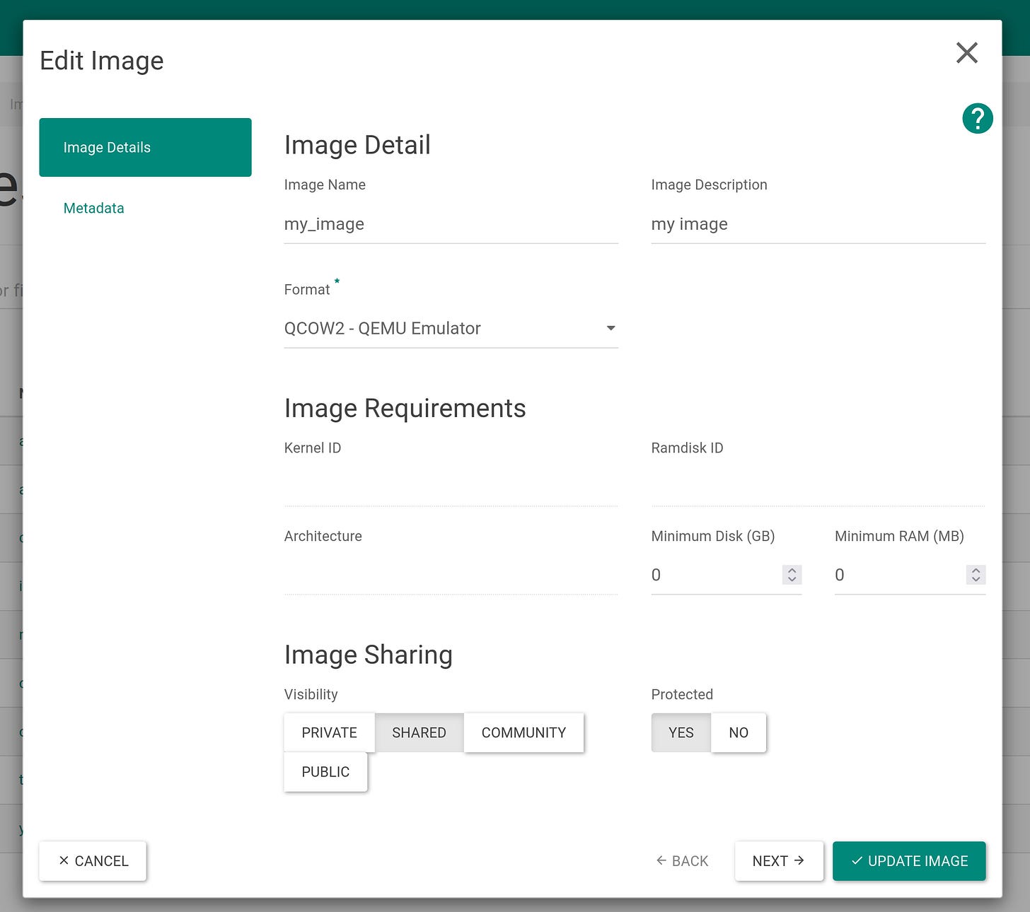 The Edit Image Modal on the OpenStack Horizon Dashboard The Edit Image Modal on the OpenStack Horizon Dashboard
