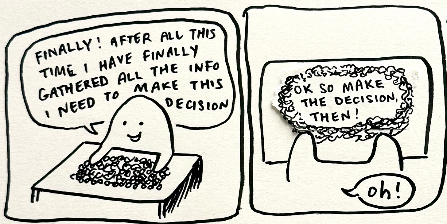 A comic with two panels. Panel 1 has a figure staring at a table of collected information, saying "Finally! After all this time I have finally gathered all the info I need to make this decision". Panel 2 has the figure staring down at the table, which says "OK so make the decision, then!", to which the figure says "oh!".
