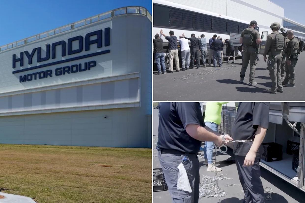 An image collage containing 3 images, Image 1 shows Hyundai Motor Group Metaplant America building, Image 2 shows Immigration raid at Hyundai plant; shackled workers near a bus, Image 3 shows A person being handcuffed with a chain during an immigration raid at a Hyundai plant