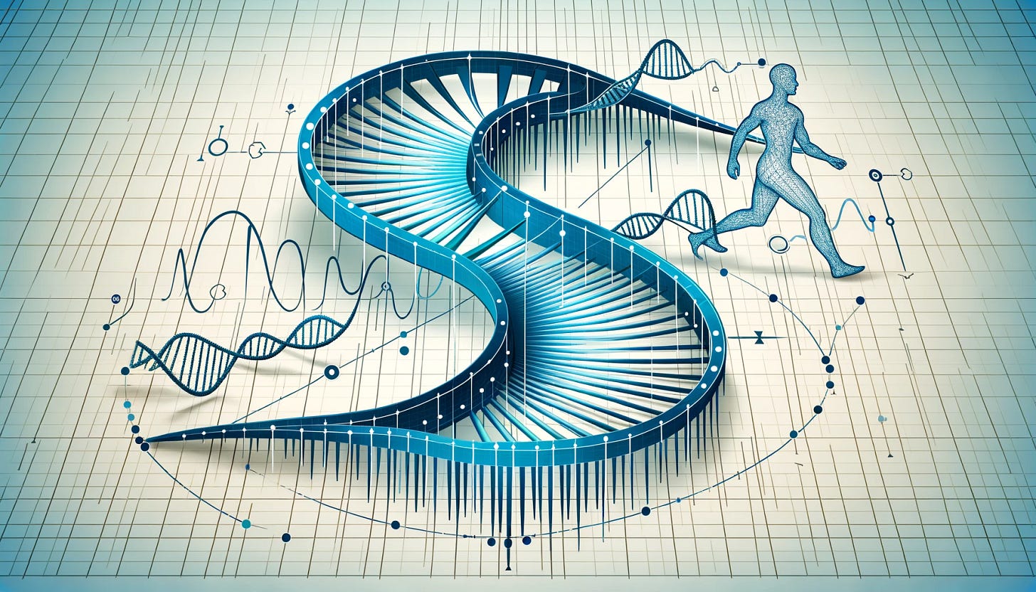 Create a scientific figure with an X and Y axis, featuring an S-shaped curve. Along this curve, incorporate distinct points, each marked by a human figure outline that includes a right-handed DNA helix logo at its center. This design combines the precision of scientific illustration with a thematic representation of the human genetic code. The background should be styled like a scientific graph or plot, with a clear, grid-lined backdrop that emphasizes the analytical nature of the composition. The curve should be smooth and well-defined, highlighting the mathematical beauty of the S-shape in the context of human genetics and data representation. Create a scientific figure with an X and Y axis, featuring an S-shaped curve. Along this curve, incorporate distinct points, each marked by a human figure outline that includes a right-handed DNA helix logo at its center. This design combines the precision of scientific illustration with a thematic representation of the human genetic code. The background should be styled like a scientific graph or plot, with a clear, grid-lined backdrop that emphasizes the analytical nature of the composition. The curve should be smooth and well-defined, highlighting the mathematical beauty of the S-shape in the context of human genetics and data representation.