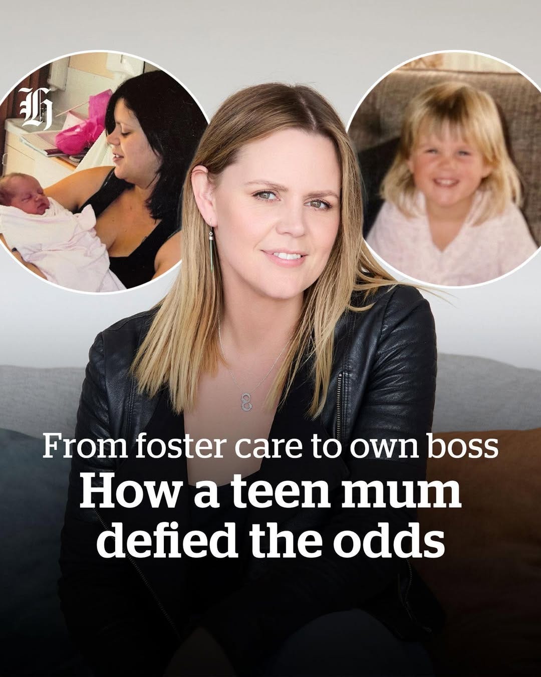 May be an image of 3 people and text that says "新 From foster care to own boss How a teen mum defied the odds"