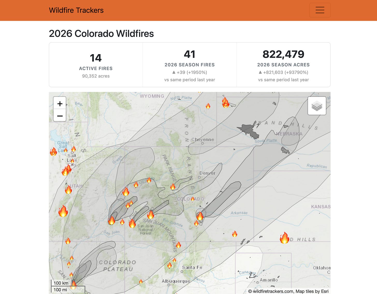 Graphic from wildfire tracker site of 2026 Colorado wildfires.
