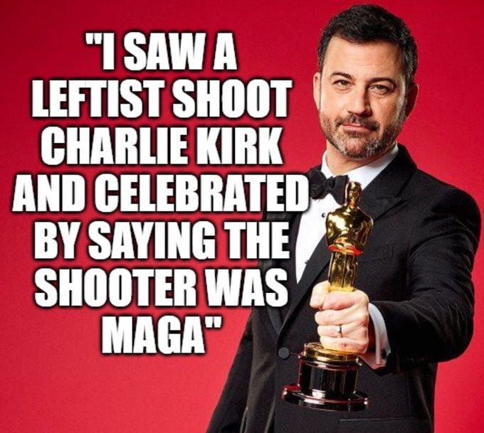 A man in a tuxedo holding an Oscar statue, standing against a red background. White text overlay reads, "I SAW A LEFTIST SHOOT CHARLIE KIRK AND CELEBRATED BY SAYING THE SHOOTER WAS MAGA."