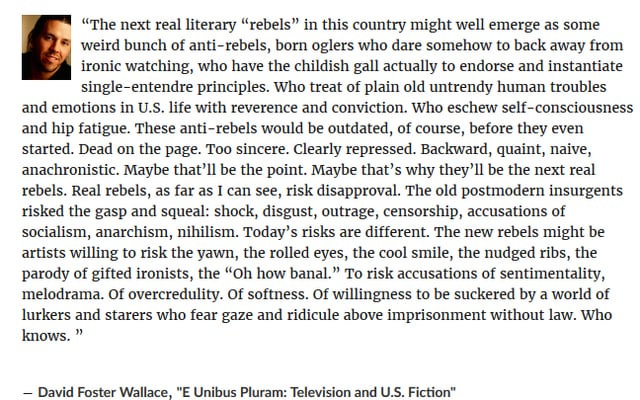 r/wholesomememes - David Foster Wallace on "New Sincerity." I think he would have really liked this sub.