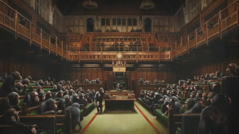 Un óleo de Banksy con chimpancés en el Parlamento se vende por 11 millones