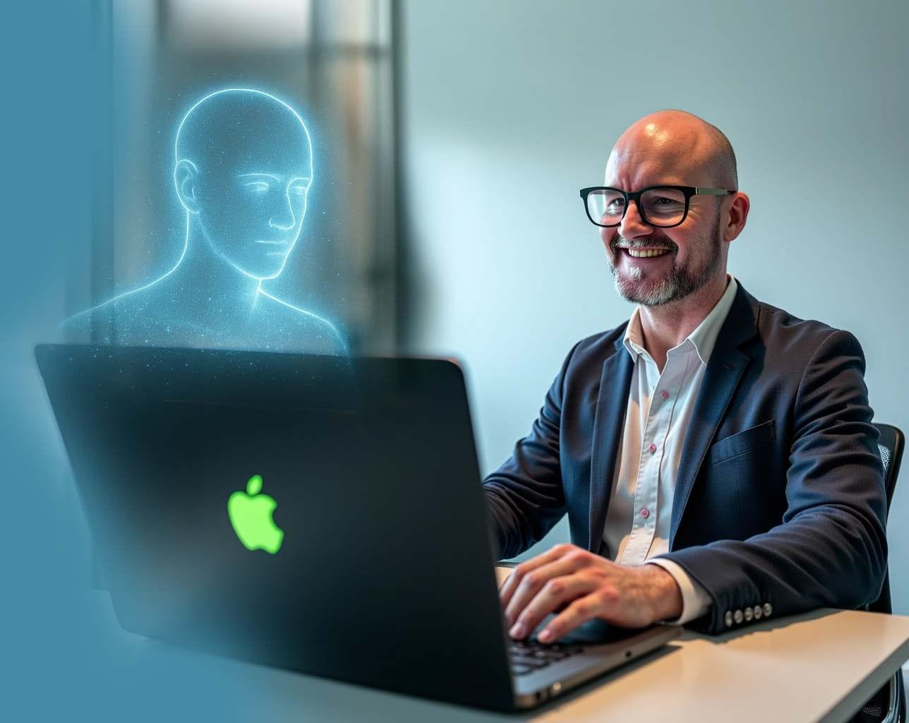 A professional collaborating with a holographic AI assistant on a laptop, symbolizing human-AI partnership in future-proofing careers A professional collaborating with a holographic AI assistant on a laptop, symbolizing human-AI partnership in future-proofing careers