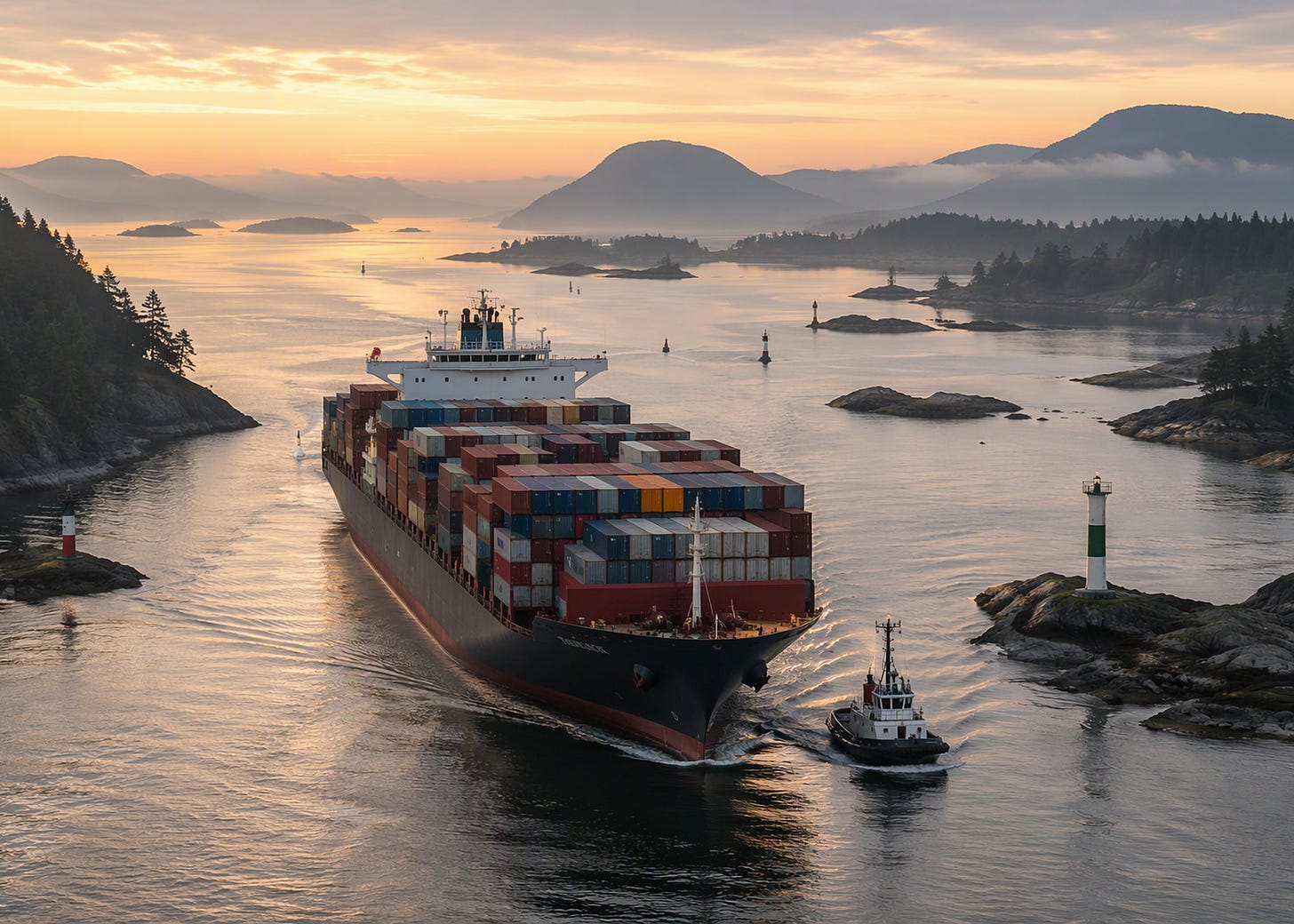 A large container ship, guided by a small tugboat, moves through a narrow, island-dotted strait past rocky lighthouses at sunrise. A large container ship, guided by a small tugboat, moves through a narrow, island-dotted strait past rocky lighthouses at sunrise.
