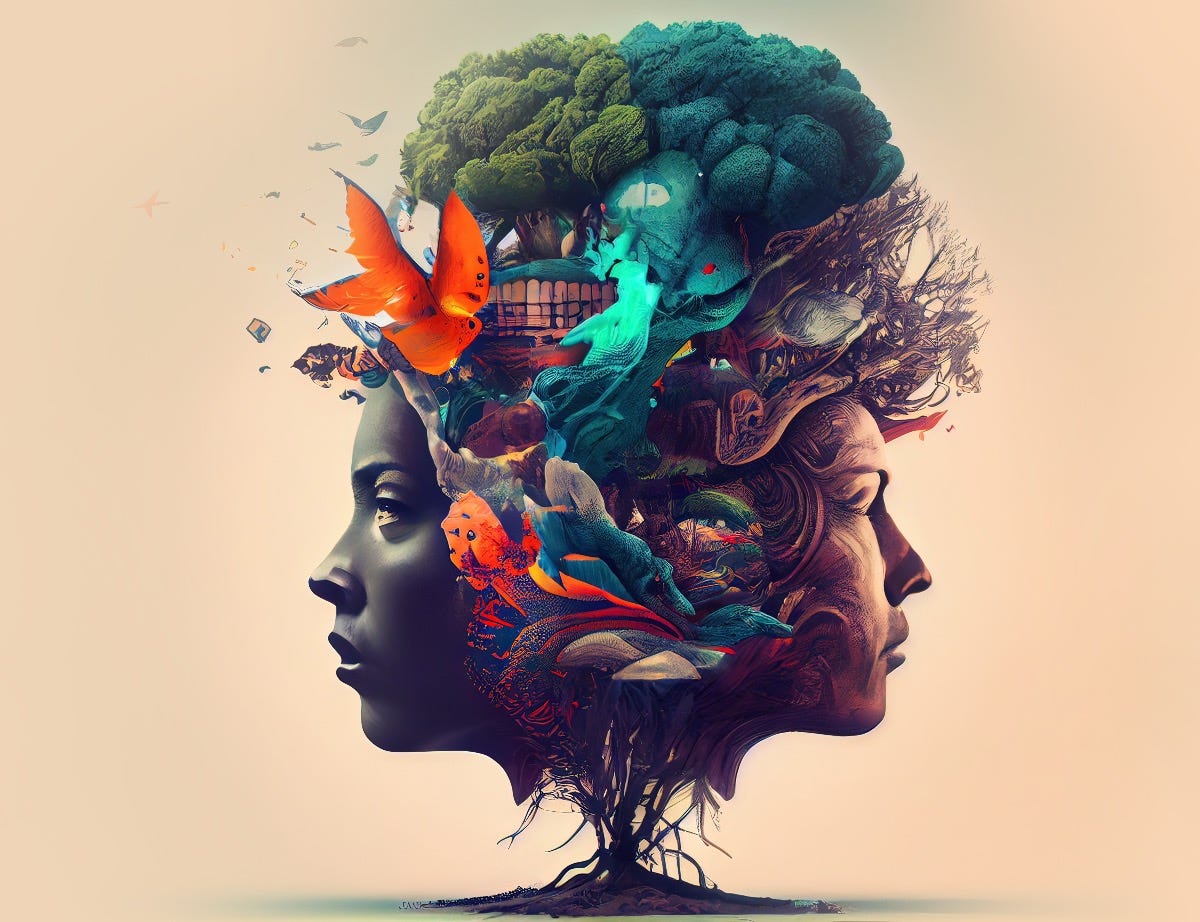 Generative AI illustration of annual collective mind concept art, exploding mind, inner world, dreams, emotions, imagination and creative mind Generative AI illustration of annual collective mind concept art, exploding mind, inner world, dreams, emotions, imagination and creative mind