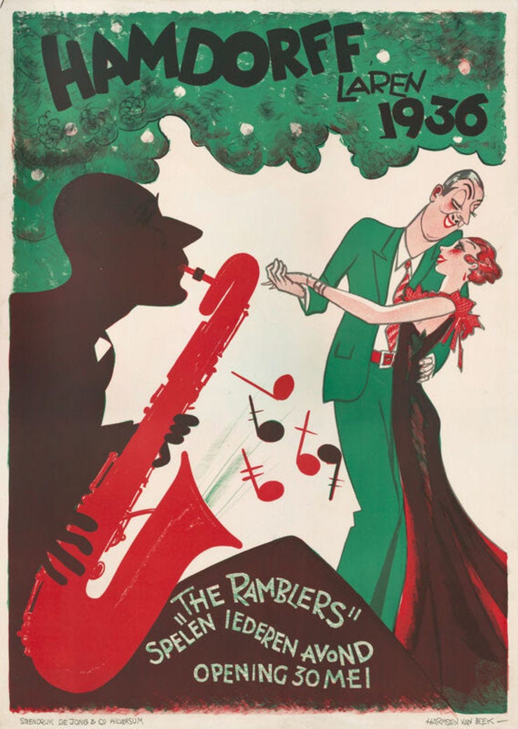 Eelco ten Harmsen van Beek, The Ramblers Dansen in Hamdorff Laren, 1937, lithografie, 94,5 x 70,5 cm, Design Museum Dedel Eelco ten Harmsen van Beek, The Ramblers Dansen in Hamdorff Laren, 1937, lithografie, 94,5 x 70,5 cm, Design Museum Dedel