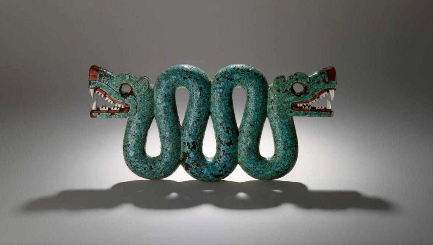 "The Nahuatl term 'coatl' can be translated as both serpent and twin. Serpents were seen as powerful, multifaceted creatures that bridged the spheres (the underworld, water and sky) owing to their physical and mythical characterisitics.