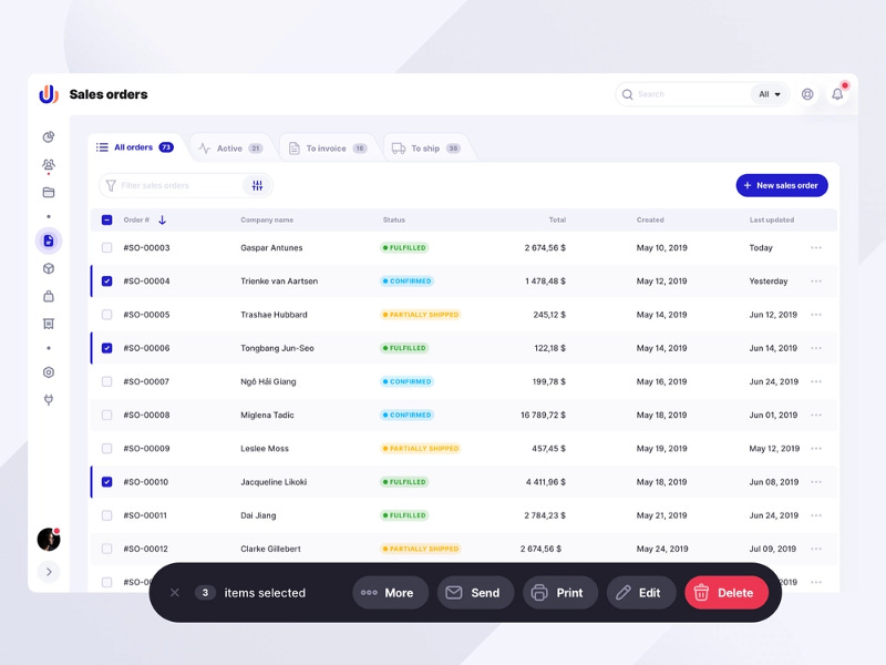 A UI showing a bulk action bar with multiple records selected. A UI showing a bulk action bar with multiple records selected.