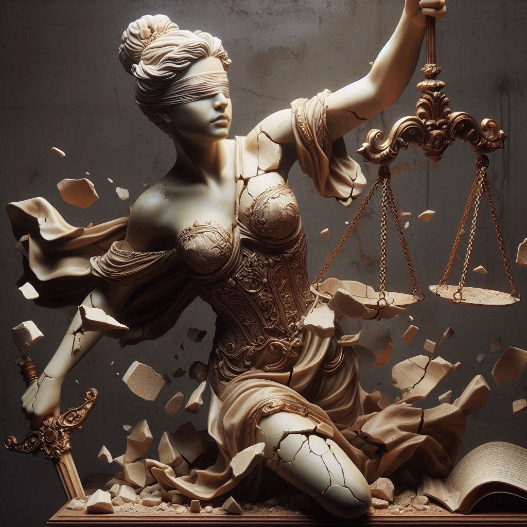 A Lady Justice stature broken in pieces