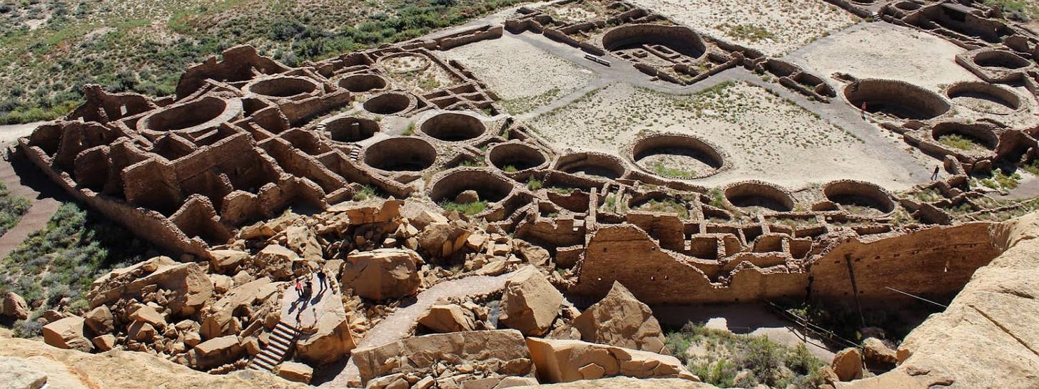 Ancient ruins are seen in part of Chaco Canyon.